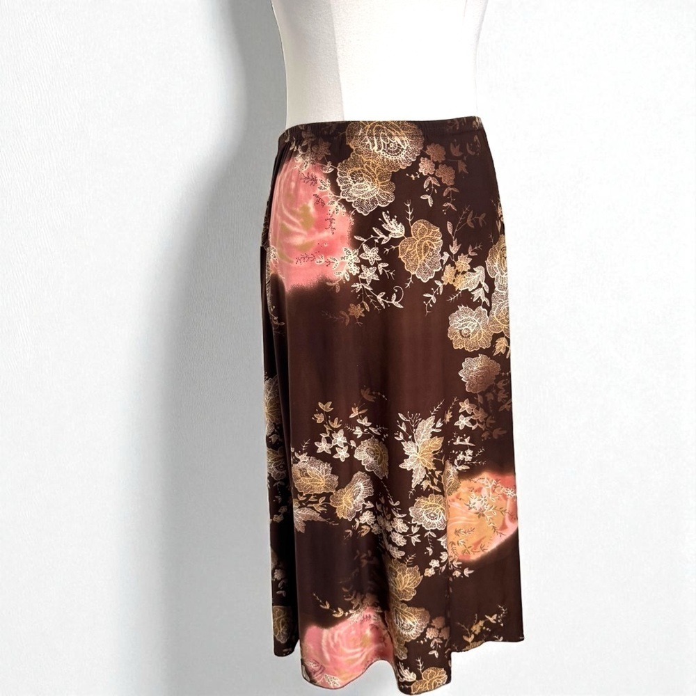 Vintage Floral Midi Skirt – Brown & Blush Rose Romantic Y2K Bias Cut M